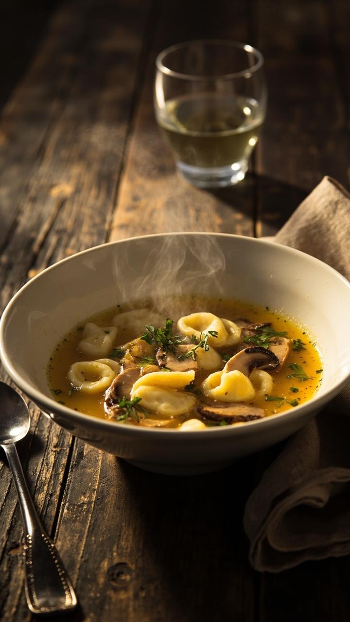 Light golden broth with sautéed sliced mushrooms and visible bits of fresh parsley and thyme, cheese tortellini floating, served in a pale ceramic bowl on a dark wood table, a small wine glass half full in the background, a linen napkin and spoon beside the bowl