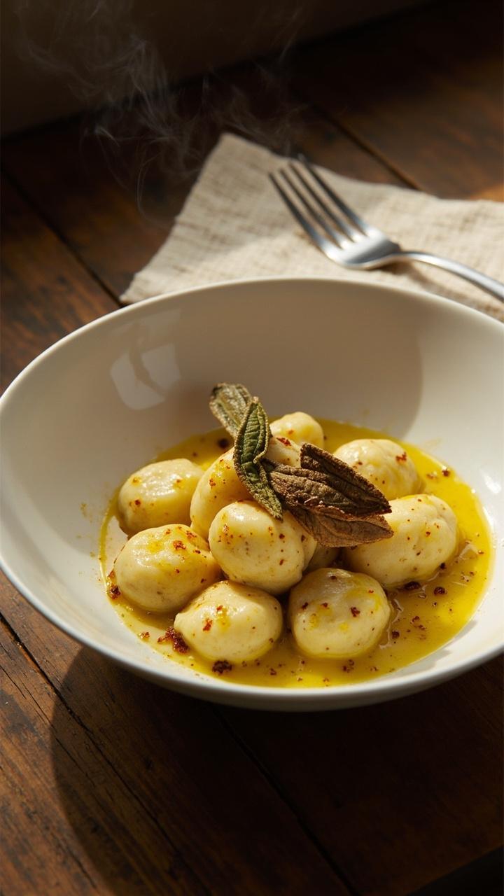 A shallow white bowl of glossy potato gnocchi tossed in browned butter and sage. Golden butter pools at the bottom. A few whole sage leaves on top for contrast. A wooden table with a linen napkin and a fork resting beside the bowl. A shallow white bowl of glossy potato gnocchi tossed in browned butter and sage. Golden butter pools at the bottom. A few whole sage leaves on top for contrast. A wooden table with a linen napkin and a fork resting beside the bowl.