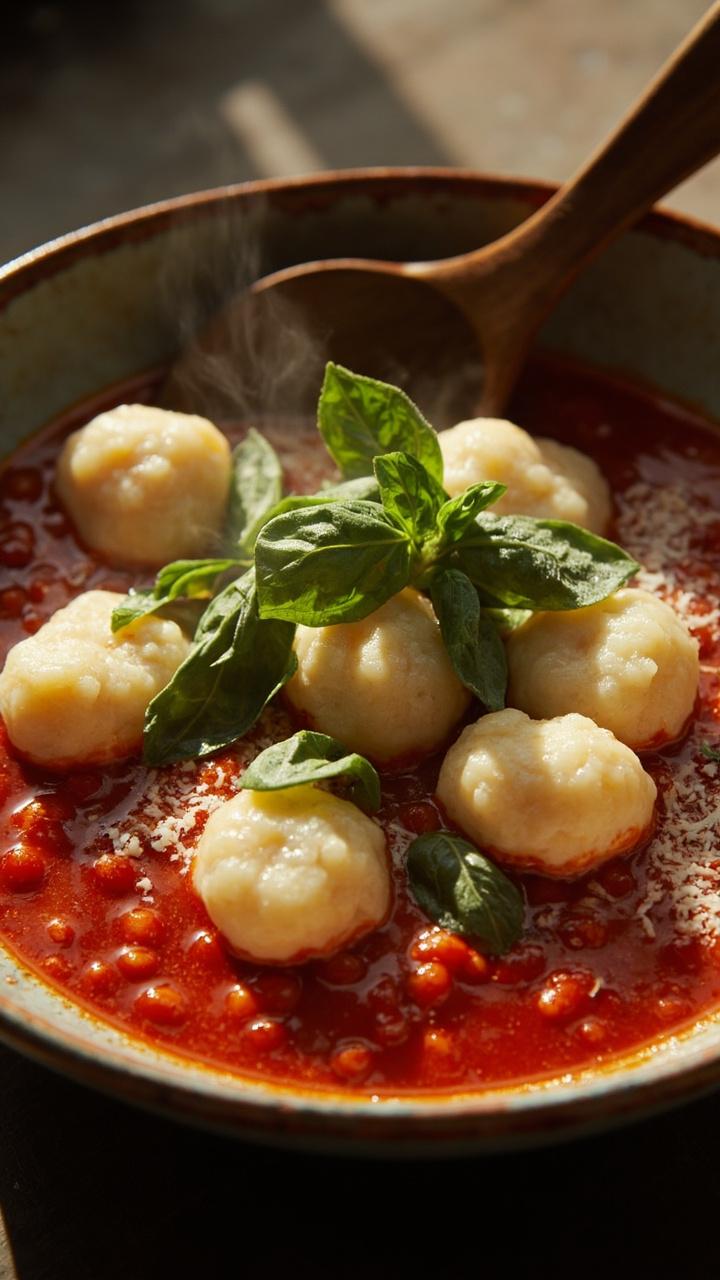 A shallow ceramic bowl with pillowy ricotta gnocchi in a light tomato basil sauce. Bright red sauce dots around the pale dumplings. Fresh basil leaves scattered on top and a grating of Parmesan at the edge. A wooden spoon tucked into the bowl. A shallow ceramic bowl with pillowy ricotta gnocchi in a light tomato basil sauce. Bright red sauce dots around the pale dumplings. Fresh basil leaves scattered on top and a grating of Parmesan at the edge. A wooden spoon tucked into the bowl.