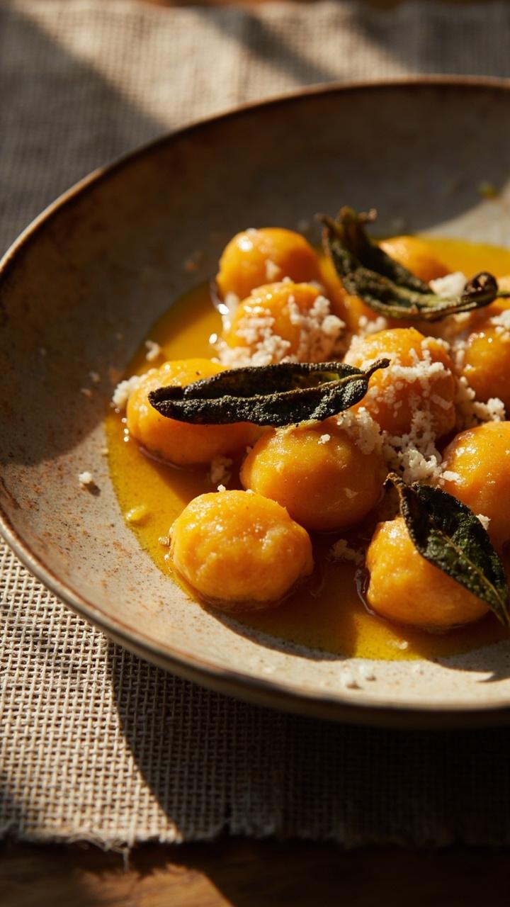 A rustic stoneware plate with orange sweet potato gnocchi coated in glossy browned butter. Crispy sage leaves perched on top. A light dusting of grated pecorino and a linen placemat under the plate. A rustic stoneware plate with orange sweet potato gnocchi coated in glossy browned butter. Crispy sage leaves perched on top. A light dusting of grated pecorino and a linen placemat under the plate.