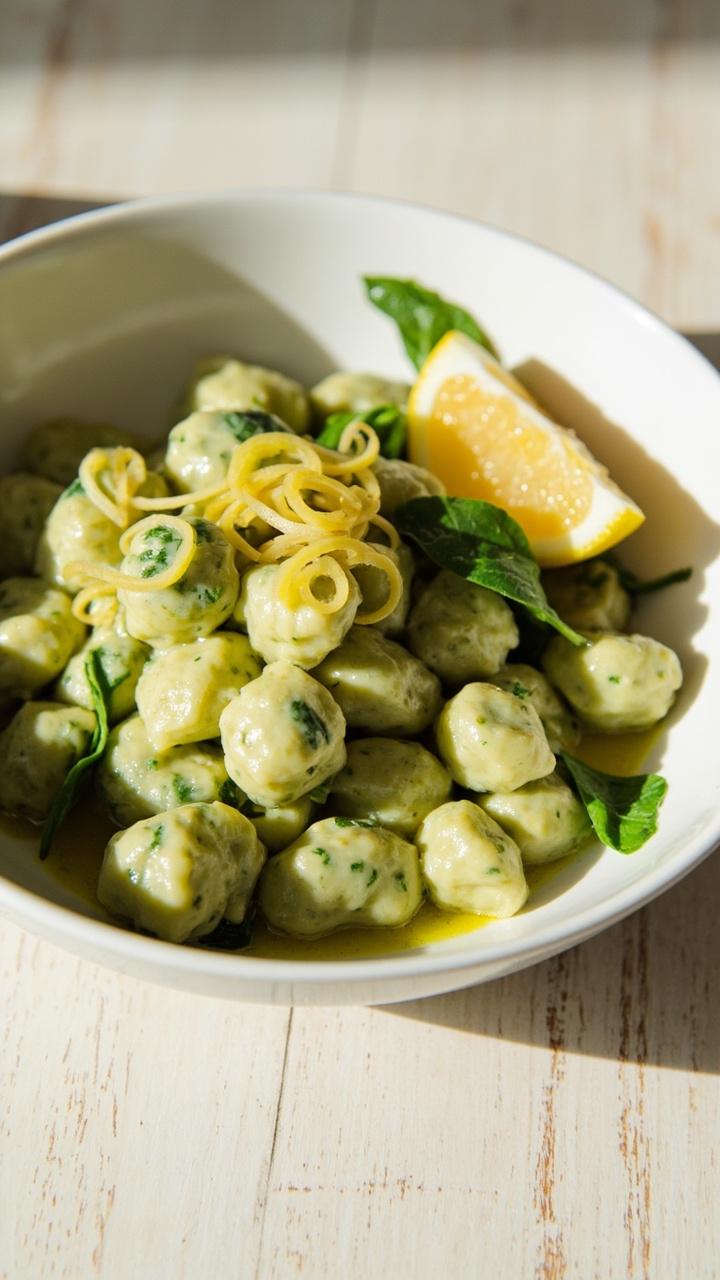 A white shallow bowl of pale green gnocchi flecked with spinach, tossed in a glossy lemon butter. Thin lemon zest and a few baby spinach leaves for garnish. Pale wood table and a small wedge of lemon beside the bowl. A white shallow bowl of pale green gnocchi flecked with spinach, tossed in a glossy lemon butter. Thin lemon zest and a few baby spinach leaves for garnish. Pale wood table and a small wedge of lemon beside the bowl.