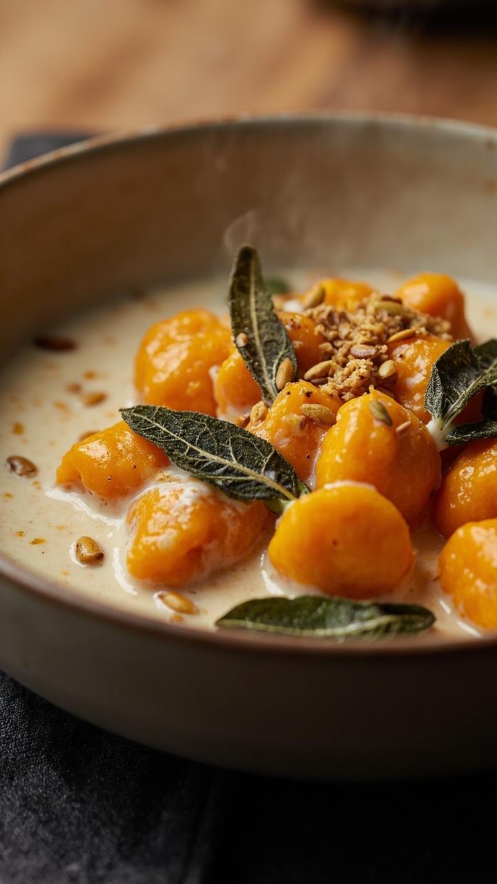 A shallow cream colored bowl with orange pumpkin gnocchi in a pale sage cream sauce. Crispy sage leaves and a light sprinkle of toasted pumpkin seeds for texture. A folded dark napkin under the bowl. A shallow cream colored bowl with orange pumpkin gnocchi in a pale sage cream sauce. Crispy sage leaves and a light sprinkle of toasted pumpkin seeds for texture. A folded dark napkin under the bowl.