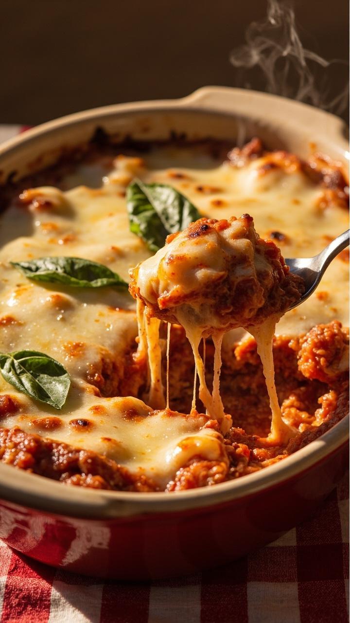 A shallow baking dish with gnocchi covered in bright tomato sauce and melted golden mozzarella. A few basil leaves on top and a spoonful removed to show the stretchy cheese. Checkerboard tablecloth beneath the dish. A shallow baking dish with gnocchi covered in bright tomato sauce and melted golden mozzarella. A few basil leaves on top and a spoonful removed to show the stretchy cheese. Checkerboard tablecloth beneath the dish.