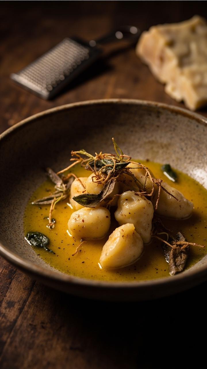 A shallow textured bowl with golden gnocchi slicked in browned butter. Deep brown butter pools and crisp sage leaves rest on top. A small grater and wedge of Parmesan nearby. A shallow textured bowl with golden gnocchi slicked in browned butter. Deep brown butter pools and crisp sage leaves rest on top. A small grater and wedge of Parmesan nearby.