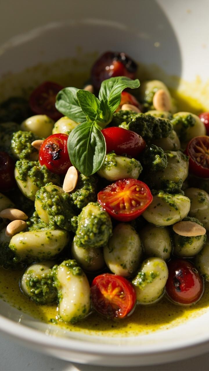 A shallow white bowl filled with gnocchi tossed in bright green pesto with halved blistered cherry tomatoes scattered on top. Pine nuts and a drizzle of olive oil visible. A basil sprig as garnish. A shallow white bowl filled with gnocchi tossed in bright green pesto with halved blistered cherry tomatoes scattered on top. Pine nuts and a drizzle of olive oil visible. A basil sprig as garnish.