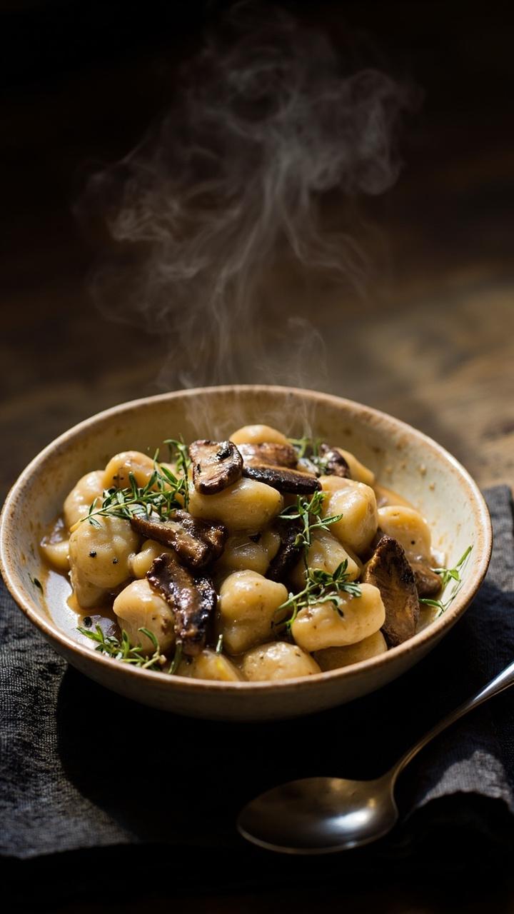 A shallow beige bowl with gnocchi in a creamy mushroom sauce. Sliced browned mushrooms and fresh thyme sprigs visible on top. A dark napkin under the bowl and a small spoon beside it. A shallow beige bowl with gnocchi in a creamy mushroom sauce. Sliced browned mushrooms and fresh thyme sprigs visible on top. A dark napkin under the bowl and a small spoon beside it.