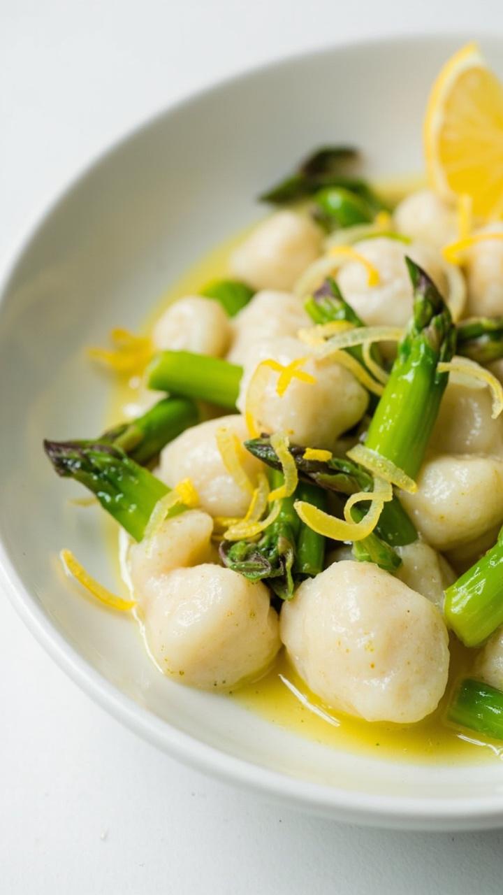 A shallow white bowl with pale ricotta gnocchi, bright green asparagus tips, and thin lemon zest curls scattered on top. A light glossy sauce visible and a lemon wedge at the side. A shallow white bowl with pale ricotta gnocchi, bright green asparagus tips, and thin lemon zest curls scattered on top. A light glossy sauce visible and a lemon wedge at the side.