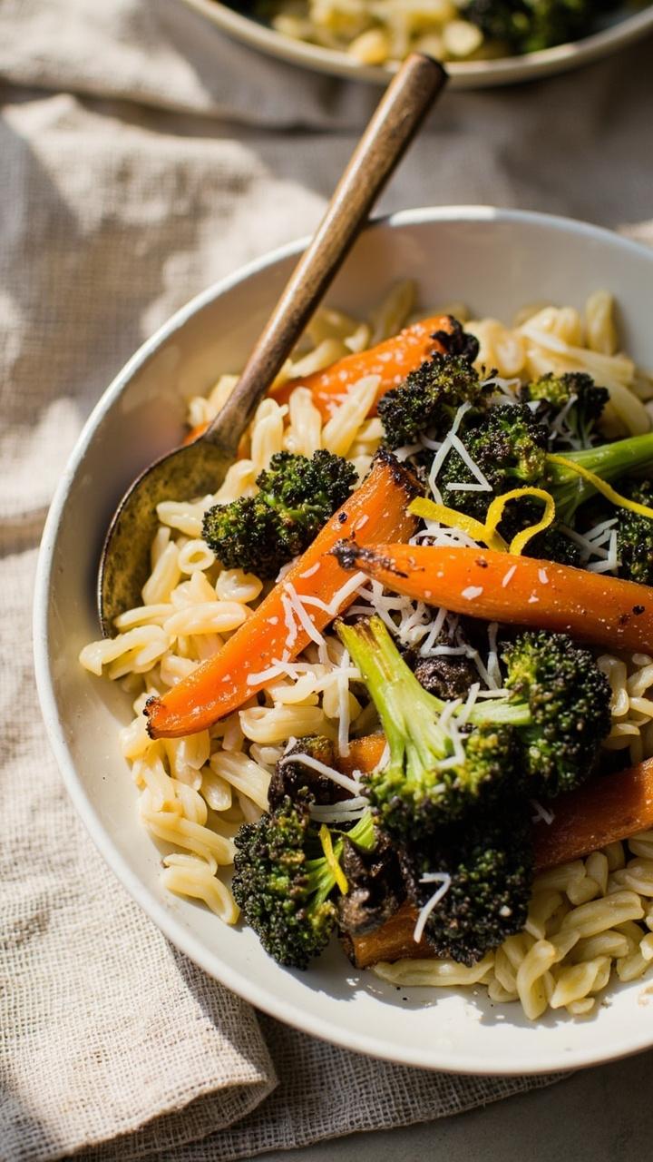 Creamy pale yellow orzo nestled in a shallow white bowl topped with roasted orange carrots and charred broccoli florets sprinkled with grated Parmesan and lemon zest. A soft linen napkin under the bowl and a small wooden spoon resting on the rim.