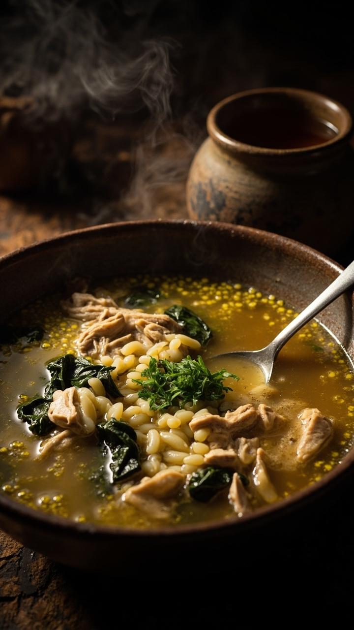 A deep rustic bowl of golden broth dotted with tender shredded chicken and pearly orzo, a few wilted spinach leaves, and a sprinkle of fresh parsley on top. A spoon tucked into the bowl and a mug of tea beside it.