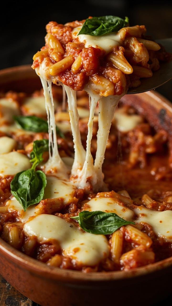 A shallow ceramic baking dish filled with golden baked orzo in a red tomato sauce with blobs of melted mozzarella, fresh basil leaves scattered on top. A spatula lifting a cheesy portion onto a small plate.