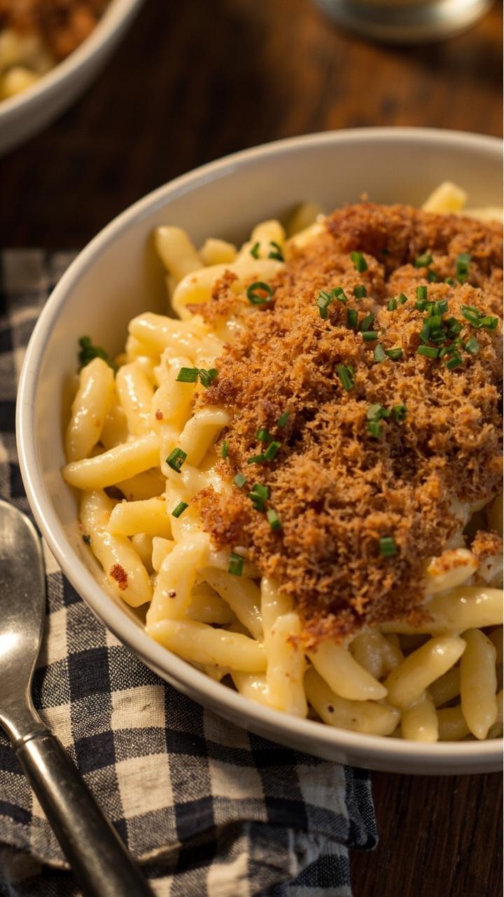 A shallow white bowl of glossy golden cheese coated orzo with a crunchy browned breadcrumb topping and a sprinkle of chopped chives. A small butter knife and a checked napkin nearby.