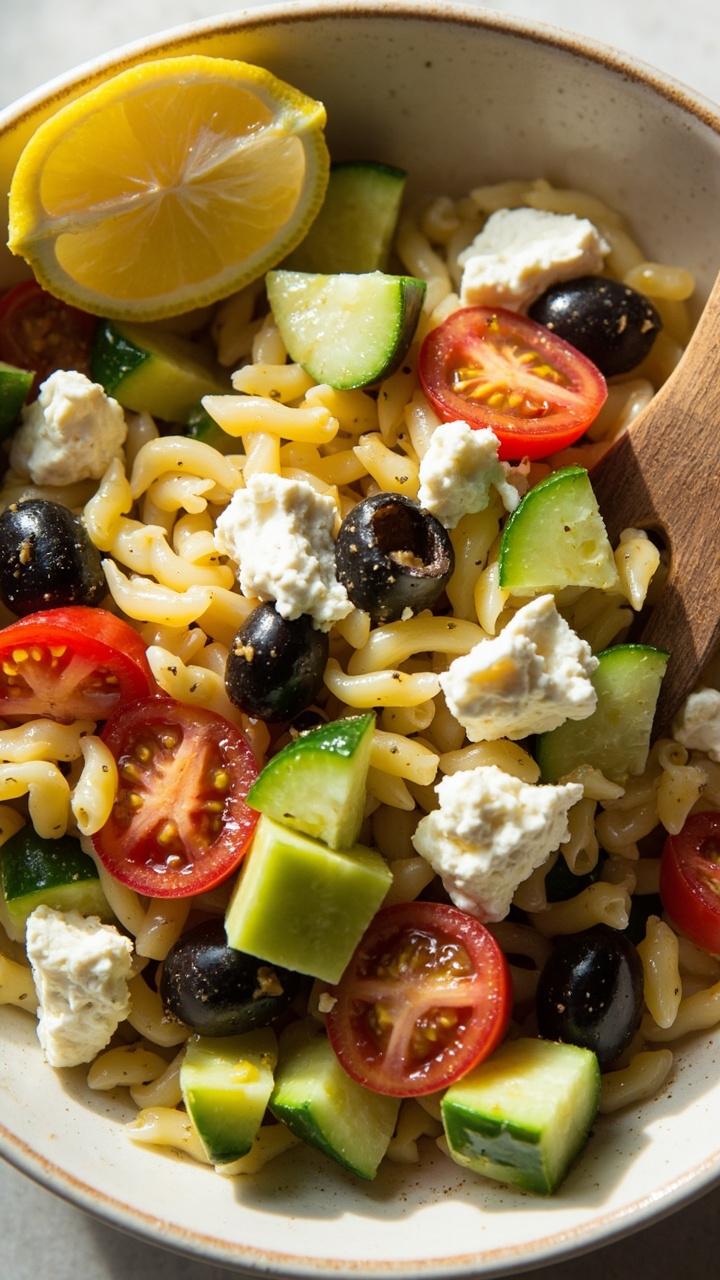 A wide shallow bowl of glossy orzo studded with cucumber cubes, halved cherry tomatoes, black olives, crumbled white feta, and a drizzle of olive oil. A wedge of lemon on the side and a wooden fork.