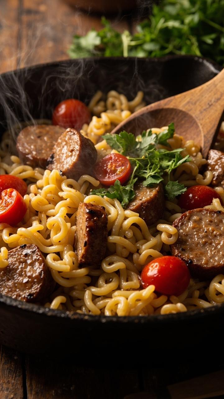 A heavy skillet filled with glossy orzo, browned sausage slices, halved cherry tomatoes, and fresh parsley scattered on top. A wooden spoon tucked into the pan and steam rising gently.