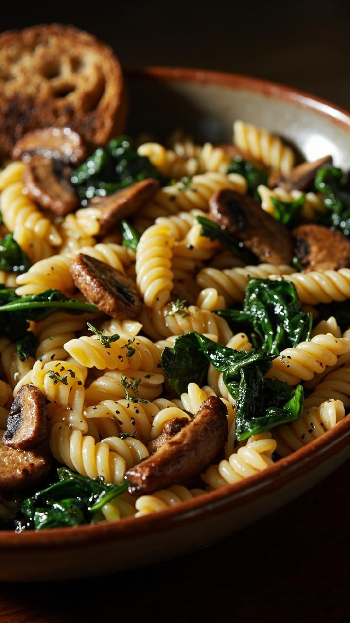 A shallow bowl of glossy orzo studded with sautéed brown mushrooms and wilted dark green spinach leaves, a light drizzle of olive oil and a sprinkle of chopped thyme. A slice of toasted sourdough nearby.