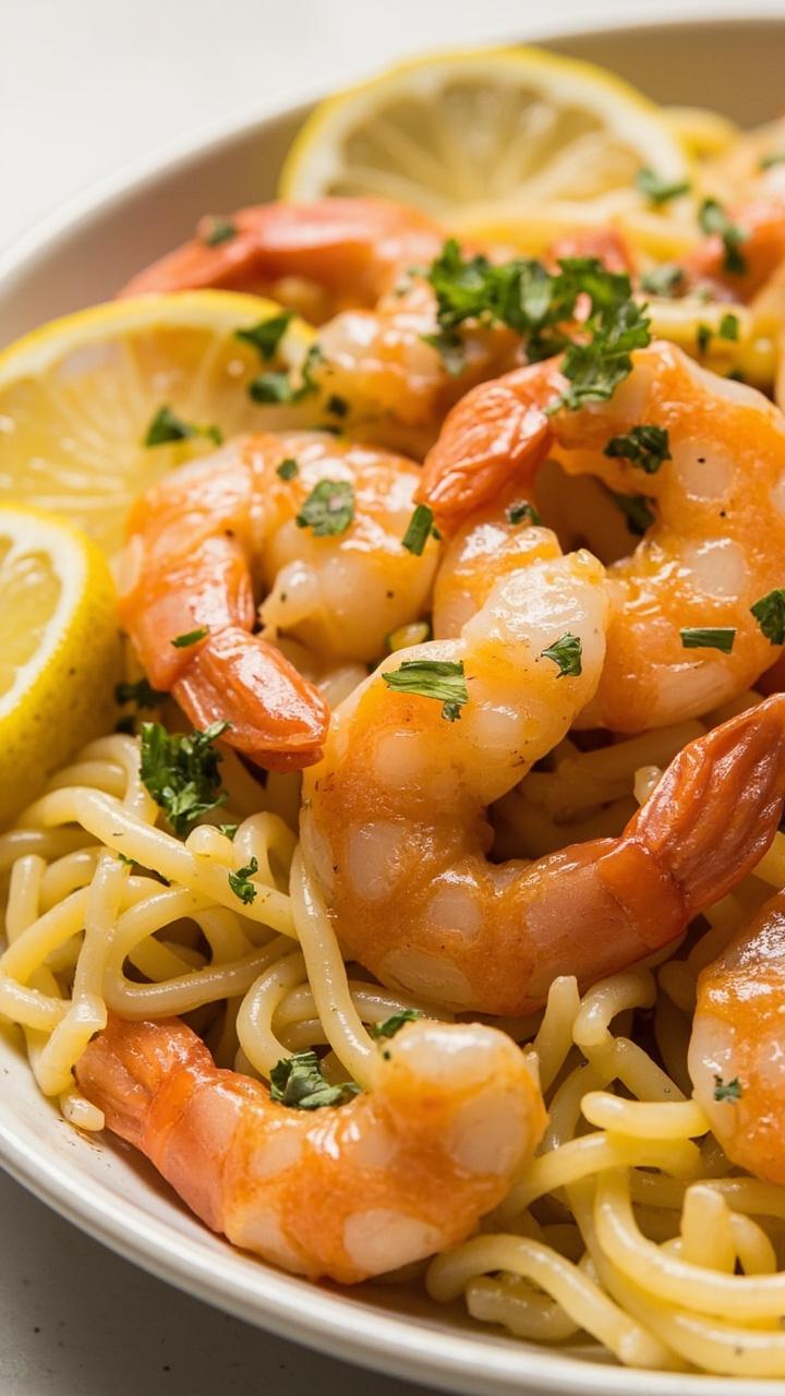 A shallow bowl where pink shrimp curl around pale orzo tossed in a glossy lemon garlic butter, garnished with chopped parsley and thin lemon slices on the side. A clean white plate under the bowl.