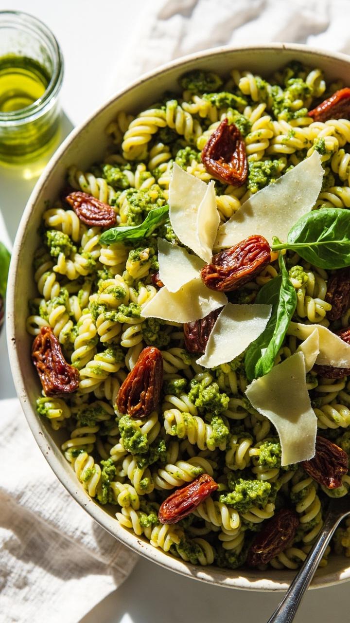 A bright bowl of green pesto coated orzo dotted with dark red sun dried tomato strips and shaved Parmesan on top. A small jar of extra pesto beside the bowl.