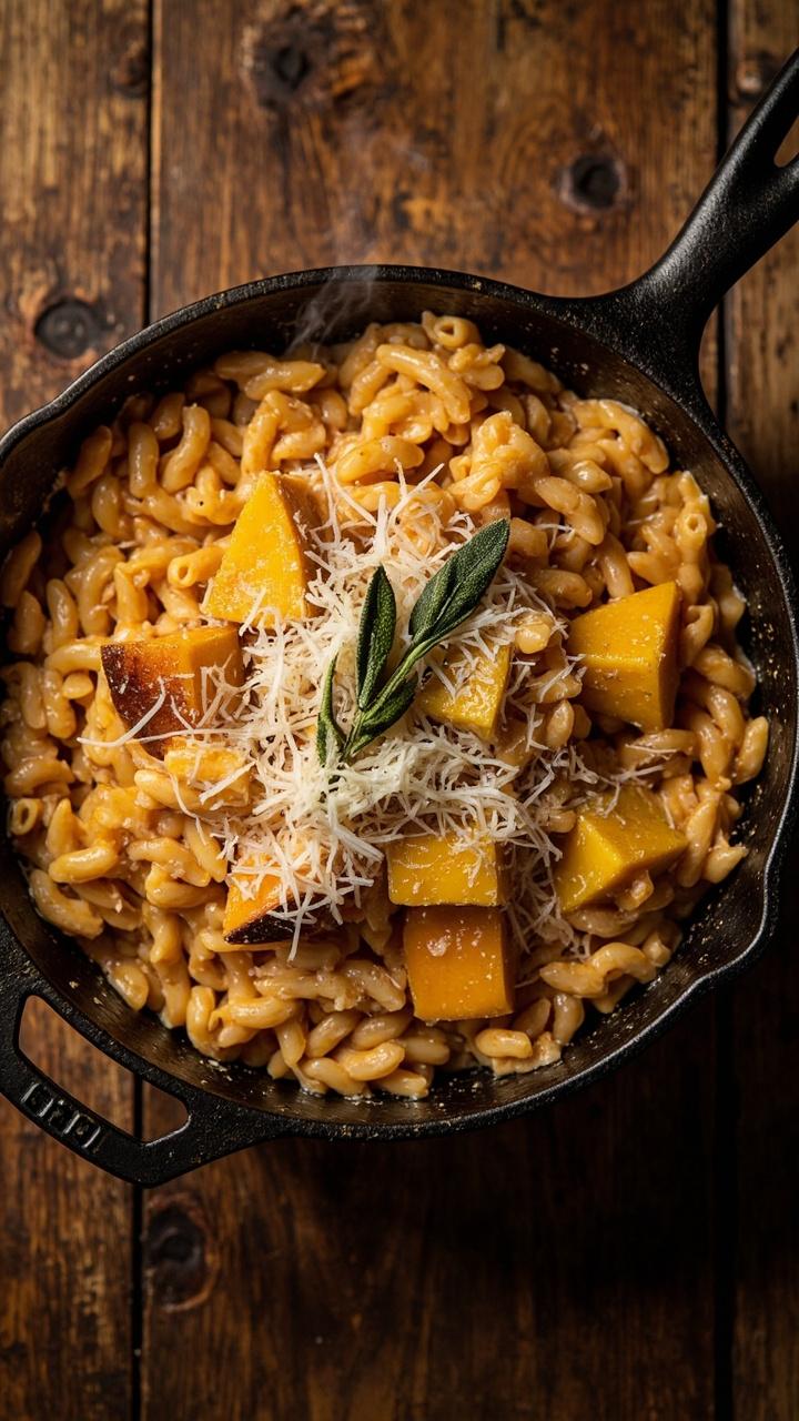 Creamy pale orange orzo studded with roasted butternut squash cubes and a dusting of grated Parmesan, a small sprig of sage on top. A warm wooden table beneath a cast iron skillet.