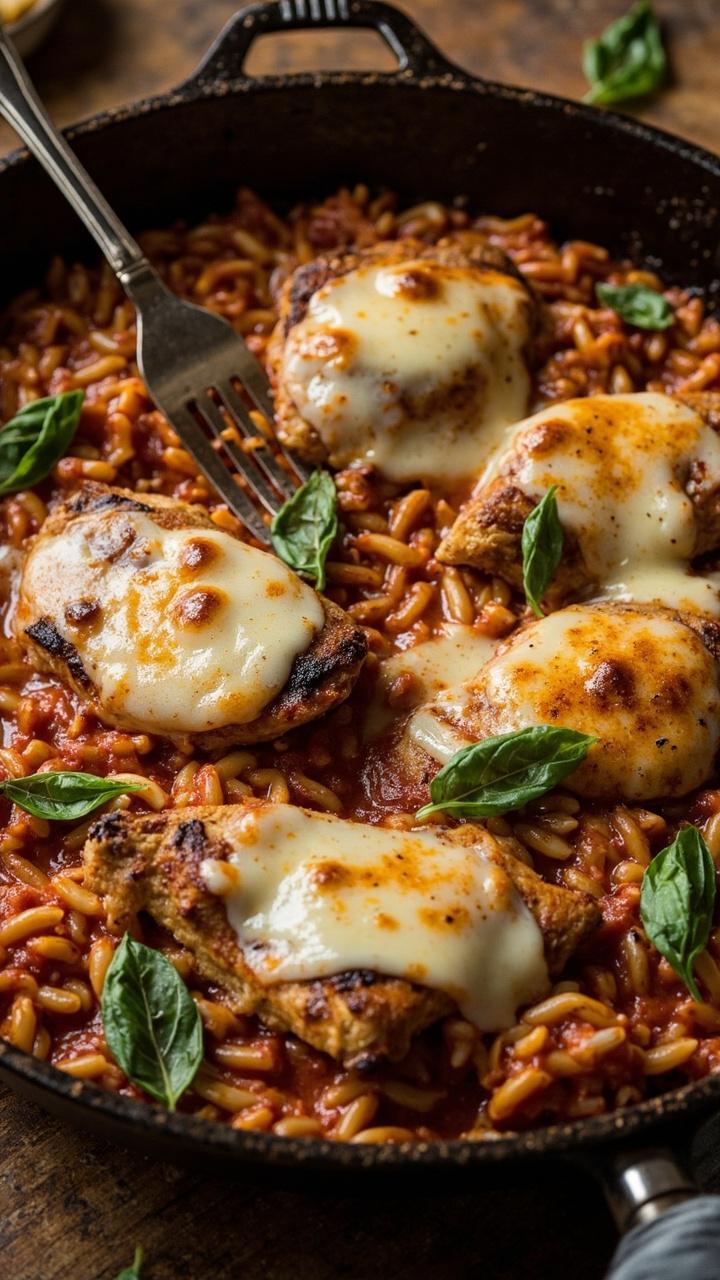A heavy skillet with golden seared chicken cutlets nestled into a bed of saucy orzo topped with melted mozzarella and scattered basil leaves. A fork resting on the skillet edge.