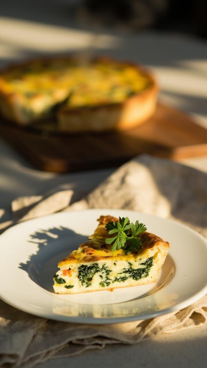 A golden slice of quiche on a white ceramic plate with visible bright green spinach flecks and a slightly puffed golden top garnished with a small parsley sprig. A whole 9 inch quiche on a wooden board in the background, a linen napkin folded beside the plate, soft morning light.