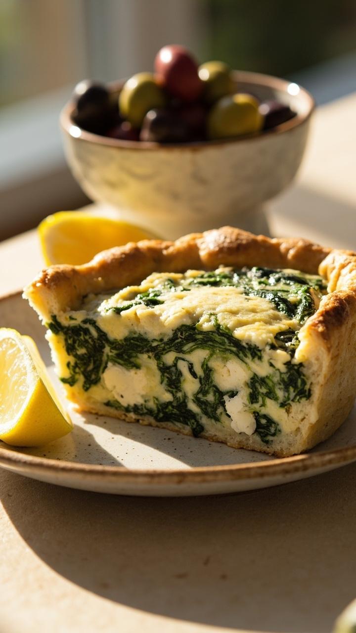 A wedge of quiche on a rustic ceramic plate showing white feta crumbles and green spinach in the custard, a lemon wedge at the side, a small bowl of olives in the background, light wooden table.