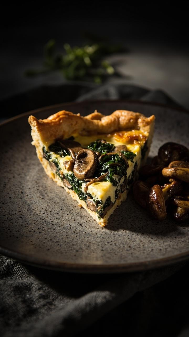 A slice of quiche on a stoneware plate with visible brown mushroom pieces and green spinach, a small pile of sautéed mushrooms beside the slice, crust edges flaky and browned, dark linen underplate.
