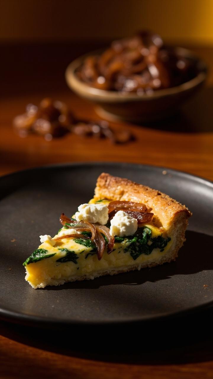 A slice of quiche on a dark plate with creamy white goat cheese crumbles and finely caramelized onion ribbons atop the filling, visible green spinach, a small bowl of extra caramelized onions in the back, warm amber lighting.