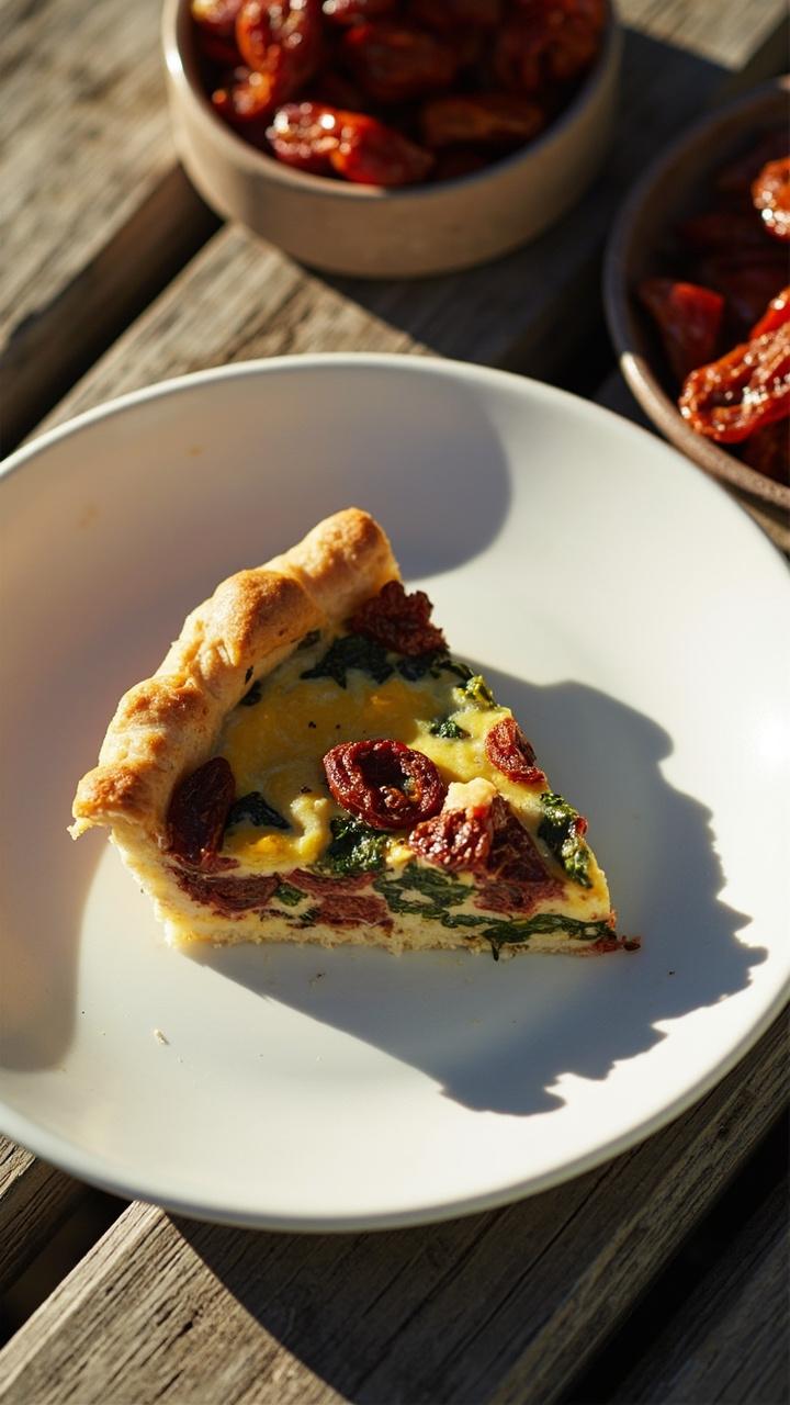 A slice of quiche on a white plate showing deep red sun dried tomato pieces and green spinach, a light golden crust, a small bowl of extra sun dried tomatoes to the side, bright daylight on a picnic table.