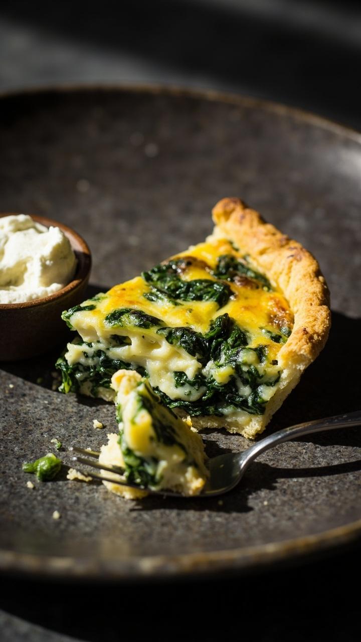 A wedge of crustless quiche on a stone plate showing a dense creamy interior speckled with green spinach and ricotta, a small ramekin of extra ricotta beside it, a fork with a bite nearby.