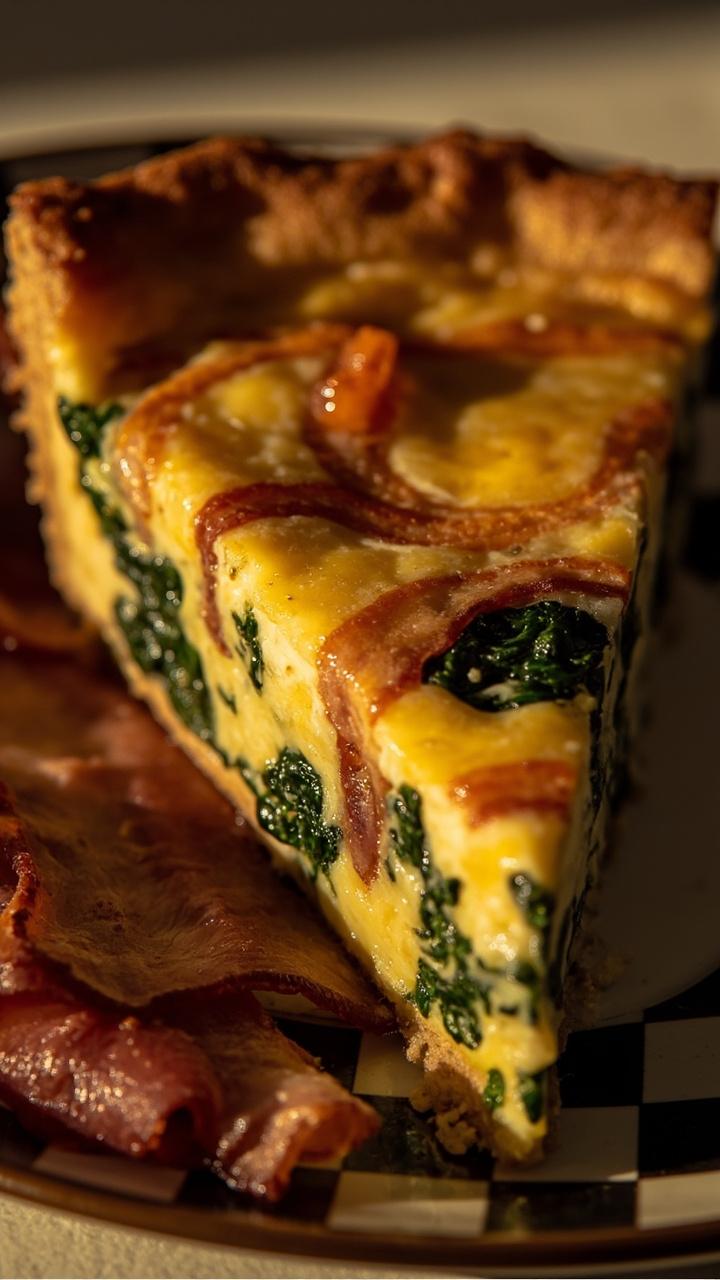 A slice of quiche on a checkered plate showing crisp bacon pieces and melted cheddar streaks with green spinach, a few bacon strips beside the slice, warm kitchen light.