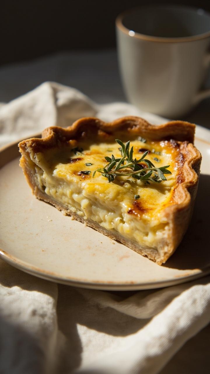 A slice of quiche on a pale wooden plate with flecks of green herbs in the golden crust and melted Gruyere visible, a small herb sprig on top, a linen napkin and a teacup in the scene.