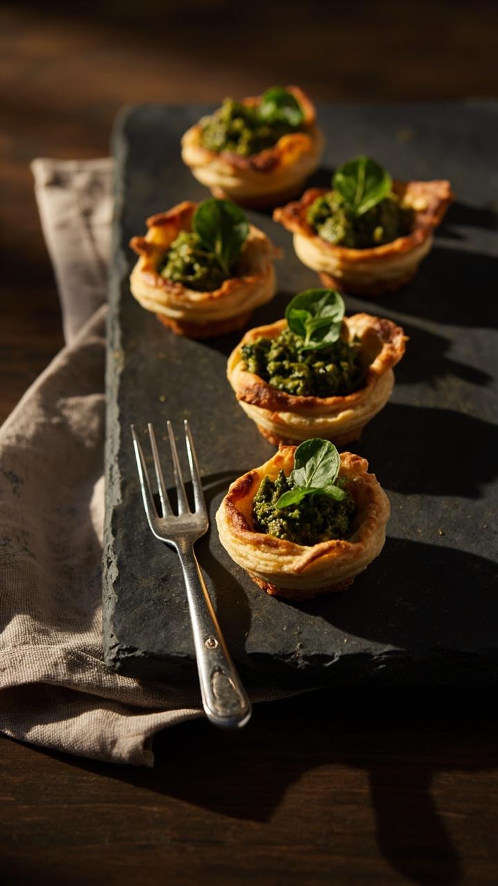 Four mini tartlets on a small slate board showing browned tiny crusts with green spinach filling, each topped with a tiny herb leaf, a small serving fork beside them, party napkin under the board.