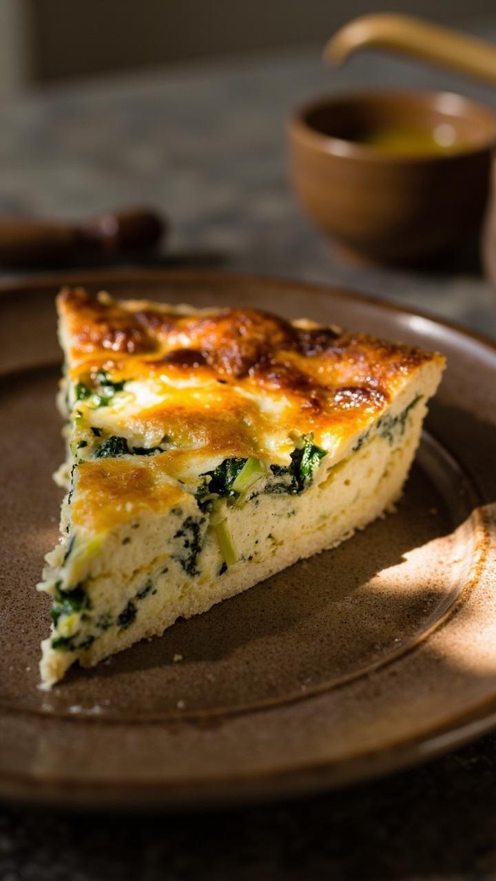 A slice of quiche on a deep ceramic plate showing pale green leek rings and bright spinach bits with melted cheddar, a small bowl of soup in the background, wooden spoon beside the plate.