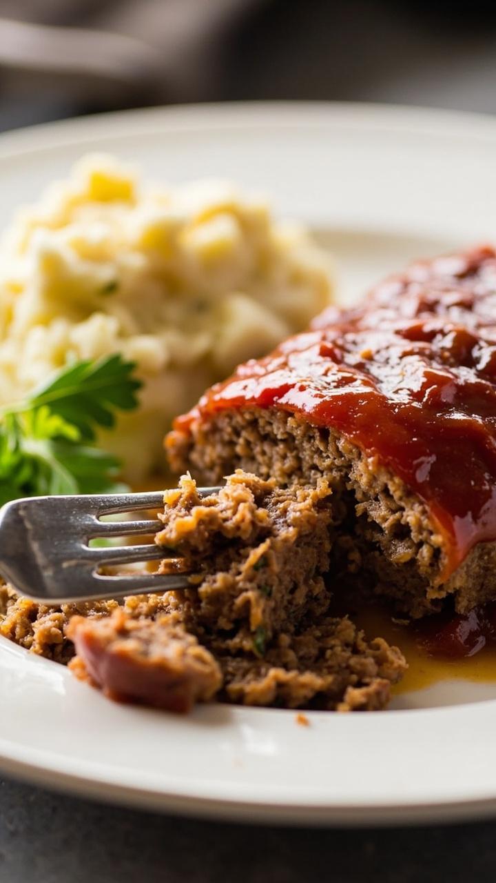 A thick slice of meatloaf on a white plate beside a scoop of creamy cauliflower mash, glossy sugar-free ketchup glaze running down the side, a sprig of parsley for color, and a fork leaving a slight bite mark.