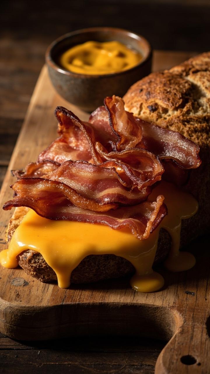 A sliced loaf showing a melted cheddar center, crispy bacon strips laid across the top, a small bowl of sugar-free mustard on the side, and a rustic wooden board underneath.