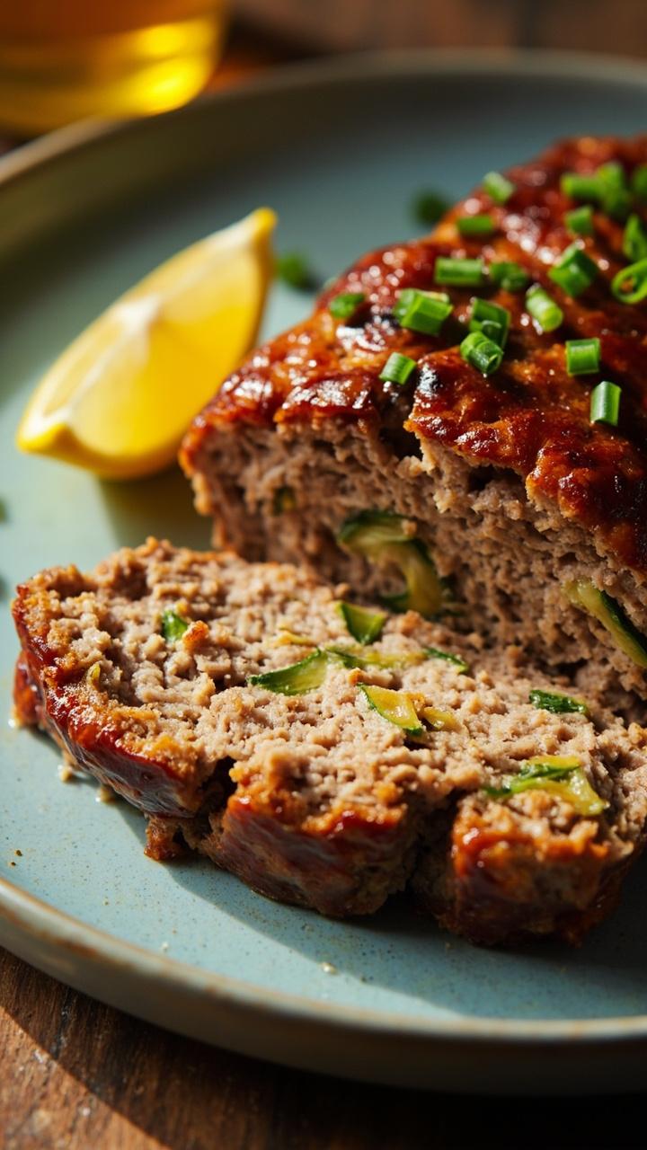 A golden-browned turkey meatloaf slice on a pale blue plate, finely grated zucchini visible in the slice, a lemon wedge on the side, and a small sprinkle of chopped chives on top.