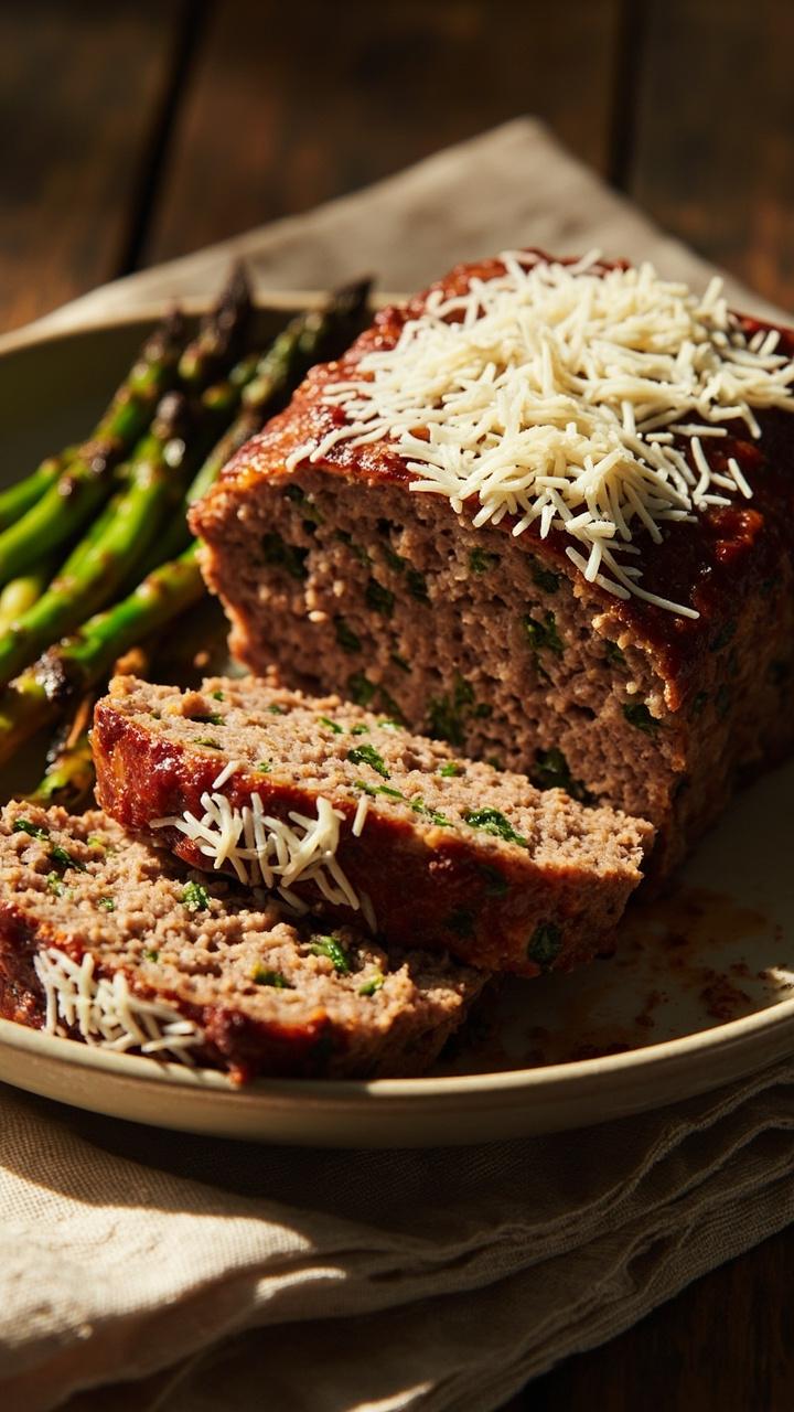 A thick slice of meatloaf with visible flecks of parsley and basil, a dusting of grated Parmesan on top, a small side of roasted asparagus, and a linen napkin beneath the plate.