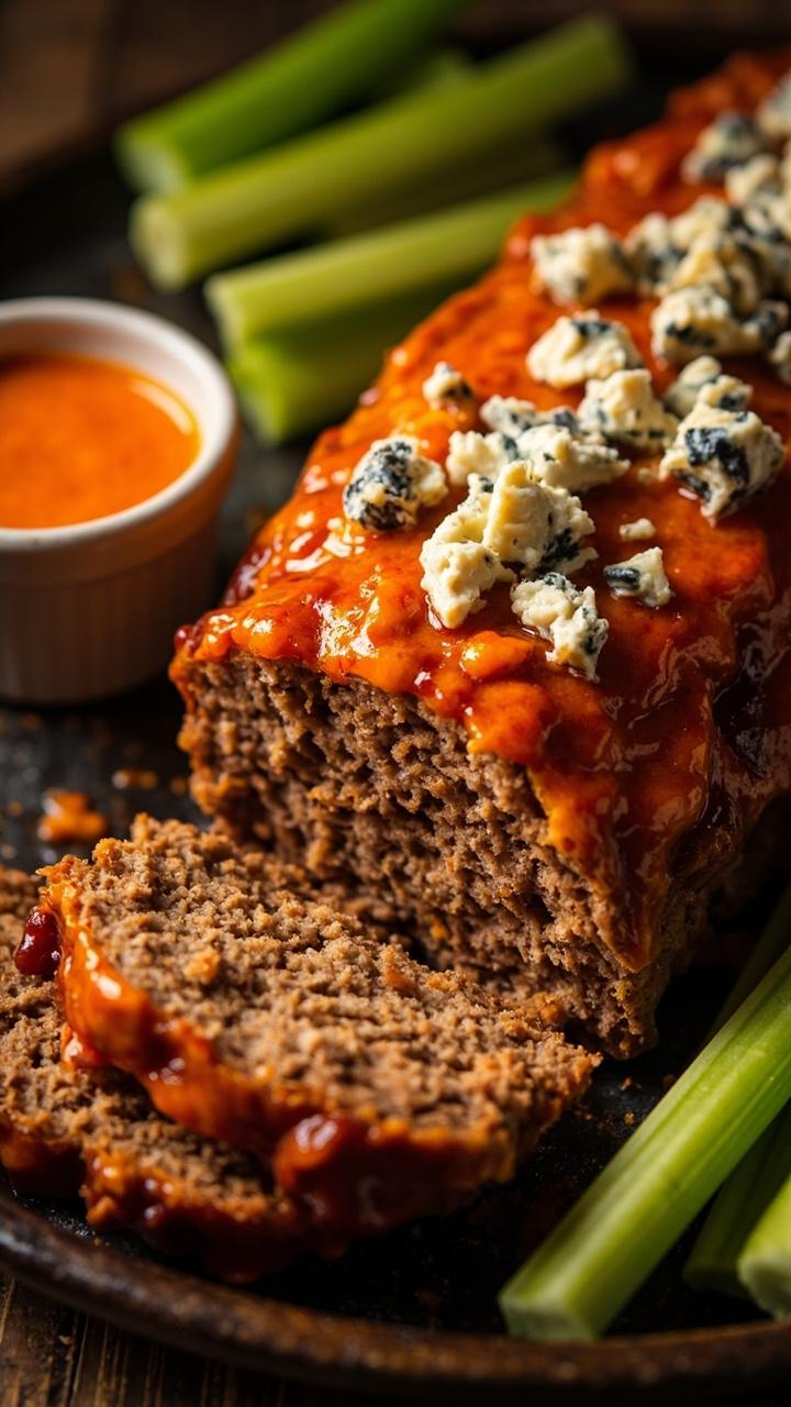 A slice of meatloaf with orange-tinged buffalo glaze, blue cheese crumbles on top, celery sticks arranged beside the slice, and a small ramekin of extra buffalo sauce.