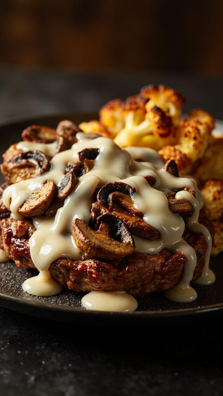 A slice of meatloaf topped with sautéed mushroom slices and melted Swiss cheese, a small pile of roasted cauliflower florets on the side, and a dark ceramic plate to show contrast.