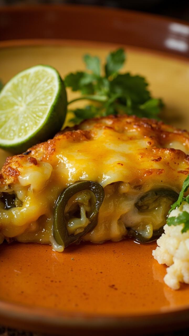 A slice revealing diced green jalapeños and melted cheddar pockets, a lime wedge on the side, a small scoop of cauliflower rice garnished with cilantro, and a warm-colored plate.