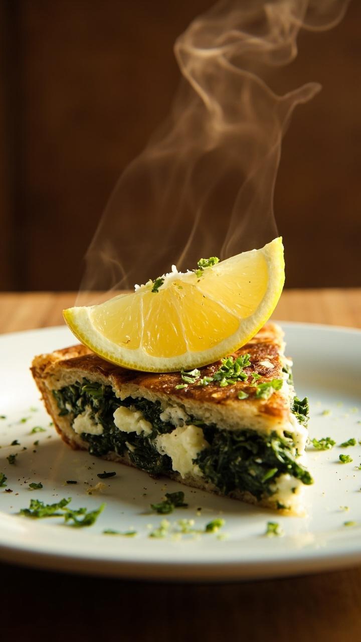 A warm slice with crumbled feta visible, wilted spinach showing in the slice, a wedge of lemon and a small sprinkle of chopped mint on top, plated on a simple white dish.