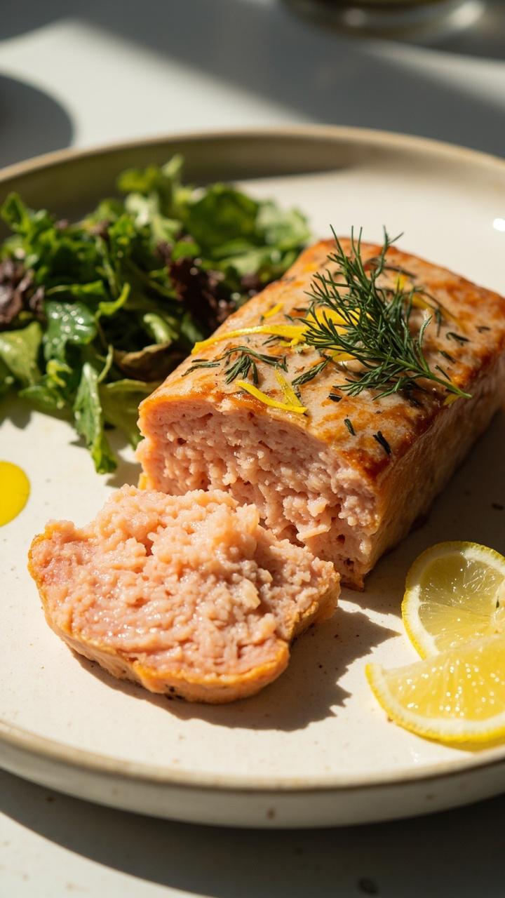 A salmon loaf slice with flecks of dill and lemon zest, a thin lemon slice on the side, a small green salad with olive oil drizzle, and a light-colored plate.