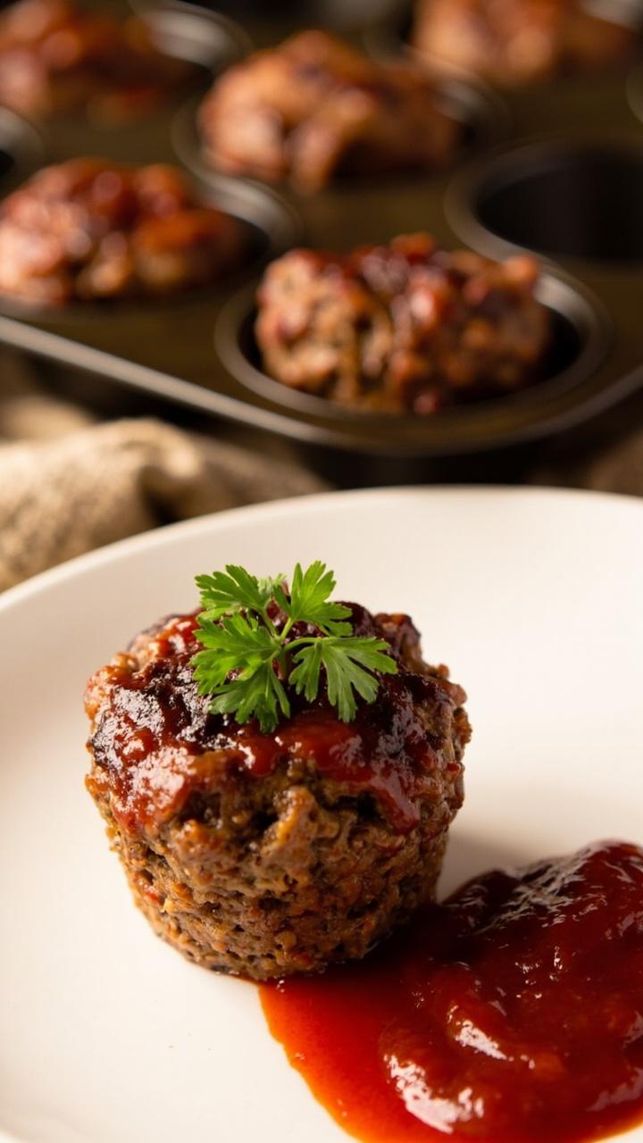 Several meatloaf muffins in a muffin tin with browned tops, one muffin plated with a swipe of sugar-free ketchup and a small parsley sprig, and a kitchen towel visible beneath.