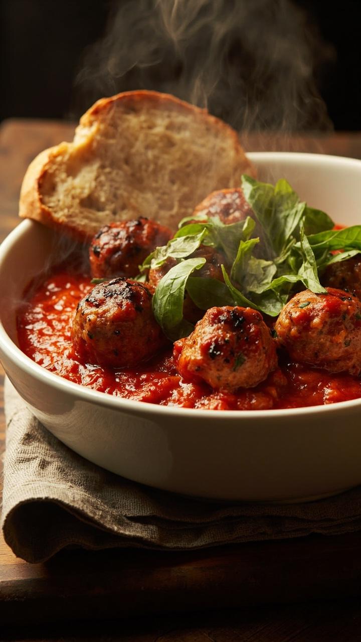 A shallow white bowl of glossy red marinara with six golden brown meatballs nestled in the sauce, torn basil leaves scattered on top, a slice of crusty bread on a wooden board to the side, a folded linen napkin underneath A shallow white bowl of glossy red marinara with six golden brown meatballs nestled in the sauce, torn basil leaves scattered on top, a slice of crusty bread on a wooden board to the side, a folded linen napkin underneath