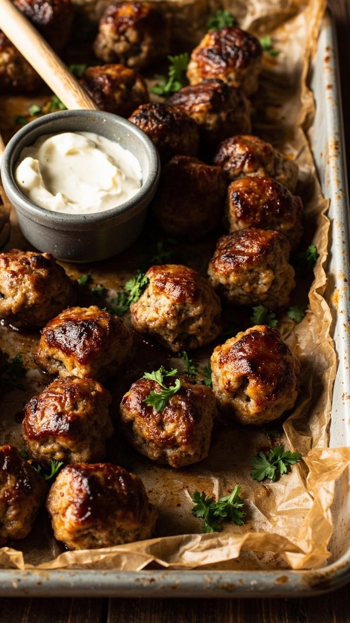 A rimmed baking sheet lined with parchment holding golden baked meatballs, a small bowl of lemon yogurt dipping sauce at one corner, a scattering of chopped parsley, wooden tongs beside the tray A rimmed baking sheet lined with parchment holding golden baked meatballs, a small bowl of lemon yogurt dipping sauce at one corner, a scattering of chopped parsley, wooden tongs beside the tray