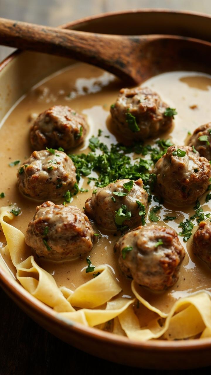 A shallow oval dish of small brown meatballs sitting in a glossy beige cream gravy, a sprinkle of chopped parsley, buttered egg noodles visible under a few meatballs, a wooden spoon resting on the side A shallow oval dish of small brown meatballs sitting in a glossy beige cream gravy, a sprinkle of chopped parsley, buttered egg noodles visible under a few meatballs, a wooden spoon resting on the side