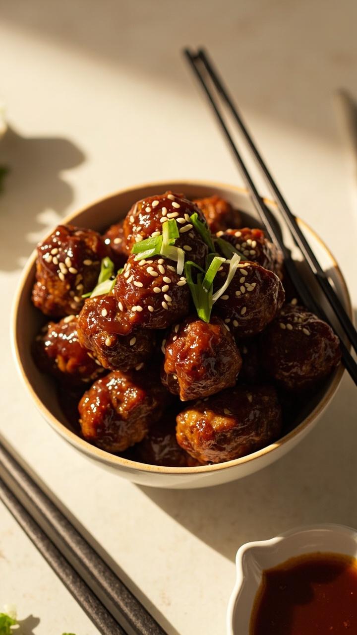 A shallow white bowl piled with glossy amber coated meatballs, sesame seeds and sliced scallions sprinkled on top, a small ramekin of extra glaze beside the bowl, chopsticks leaning on the rim A shallow white bowl piled with glossy amber coated meatballs, sesame seeds and sliced scallions sprinkled on top, a small ramekin of extra glaze beside the bowl, chopsticks leaning on the rim