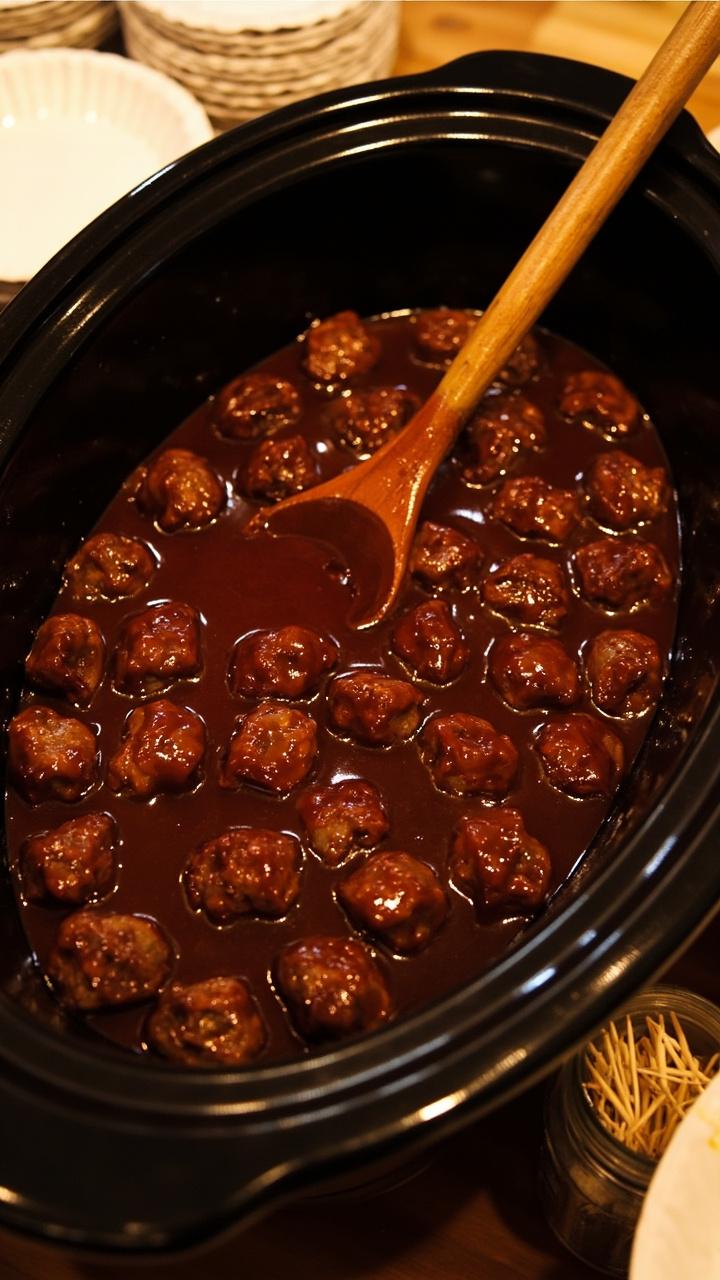 A ceramic slow cooker insert filled with glossy brown BBQ meatballs in sauce, a large wooden spoon resting inside, a stack of small paper plates and toothpicks nearby for serving A ceramic slow cooker insert filled with glossy brown BBQ meatballs in sauce, a large wooden spoon resting inside, a stack of small paper plates and toothpicks nearby for serving