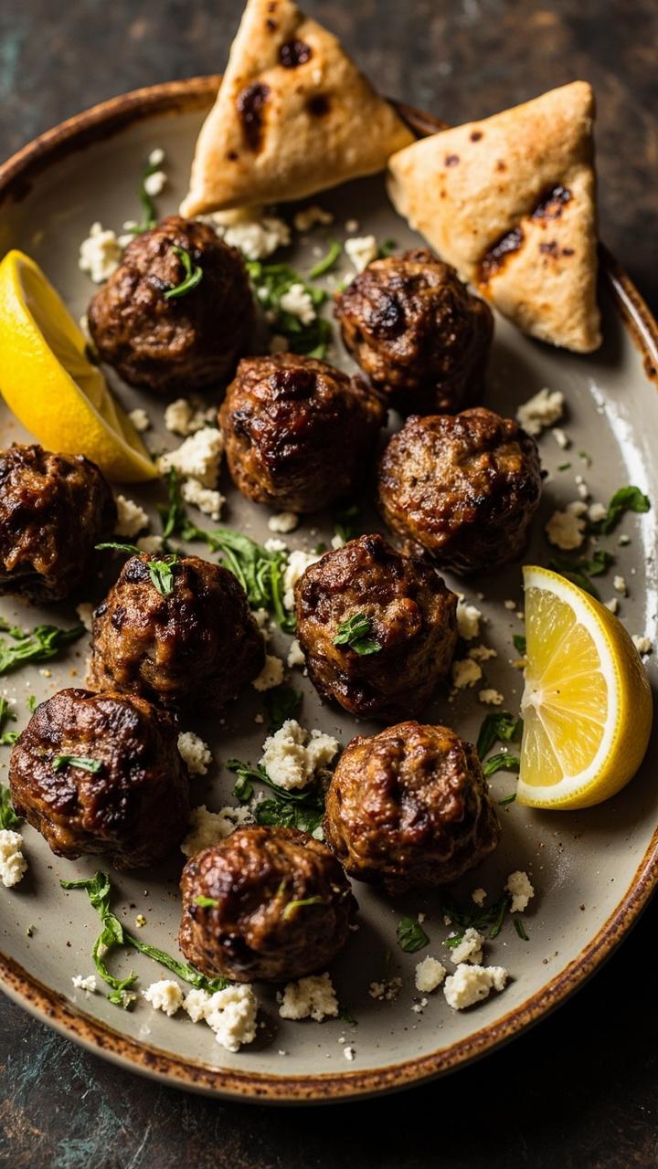 A round ceramic plate with seven browned lamb meatballs, a wedge of lemon on the side, a small pile of crumbled feta and chopped mint scattered around, pita triangles leaning at the edge A round ceramic plate with seven browned lamb meatballs, a wedge of lemon on the side, a small pile of crumbled feta and chopped mint scattered around, pita triangles leaning at the edge