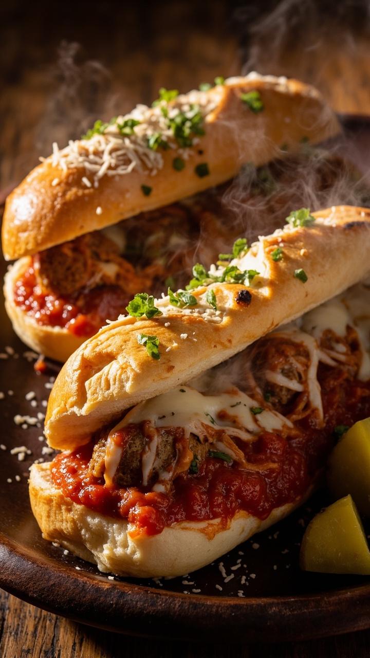 A platter with two golden toasted sub rolls filled with sauced meatballs and melted mozzarella, a scattering of grated Parmesan and parsley on top, a few pickle slices on the side A platter with two golden toasted sub rolls filled with sauced meatballs and melted mozzarella, a scattering of grated Parmesan and parsley on top, a few pickle slices on the side