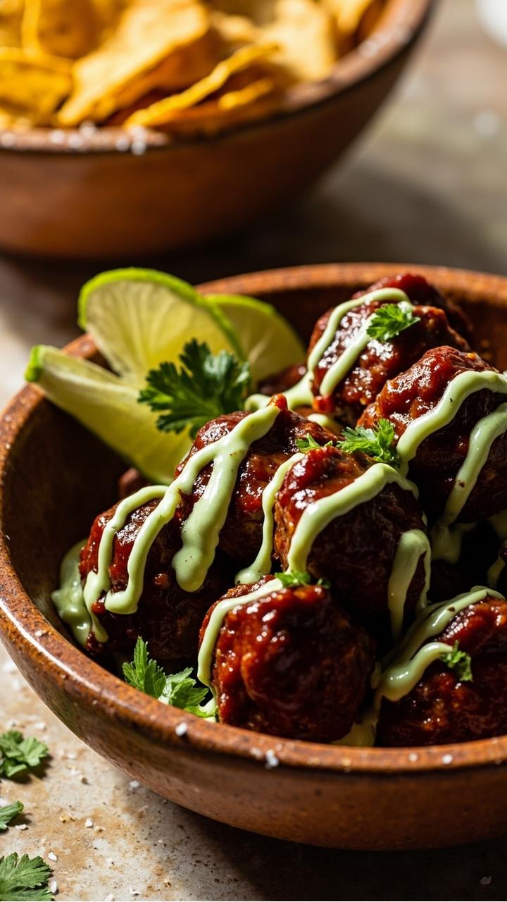 A shallow serving bowl with dark red chipotle meatballs, a drizzle of pale green lime crema across the top, lime wedges and chopped cilantro around the edge, a small bowl of tortilla chips nearby A shallow serving bowl with dark red chipotle meatballs, a drizzle of pale green lime crema across the top, lime wedges and chopped cilantro around the edge, a small bowl of tortilla chips nearby